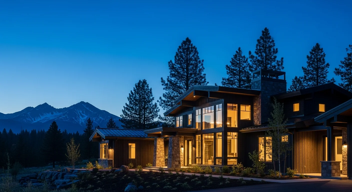 Luxury mountain contemporary home at dusk with Cascade mountains Oregon