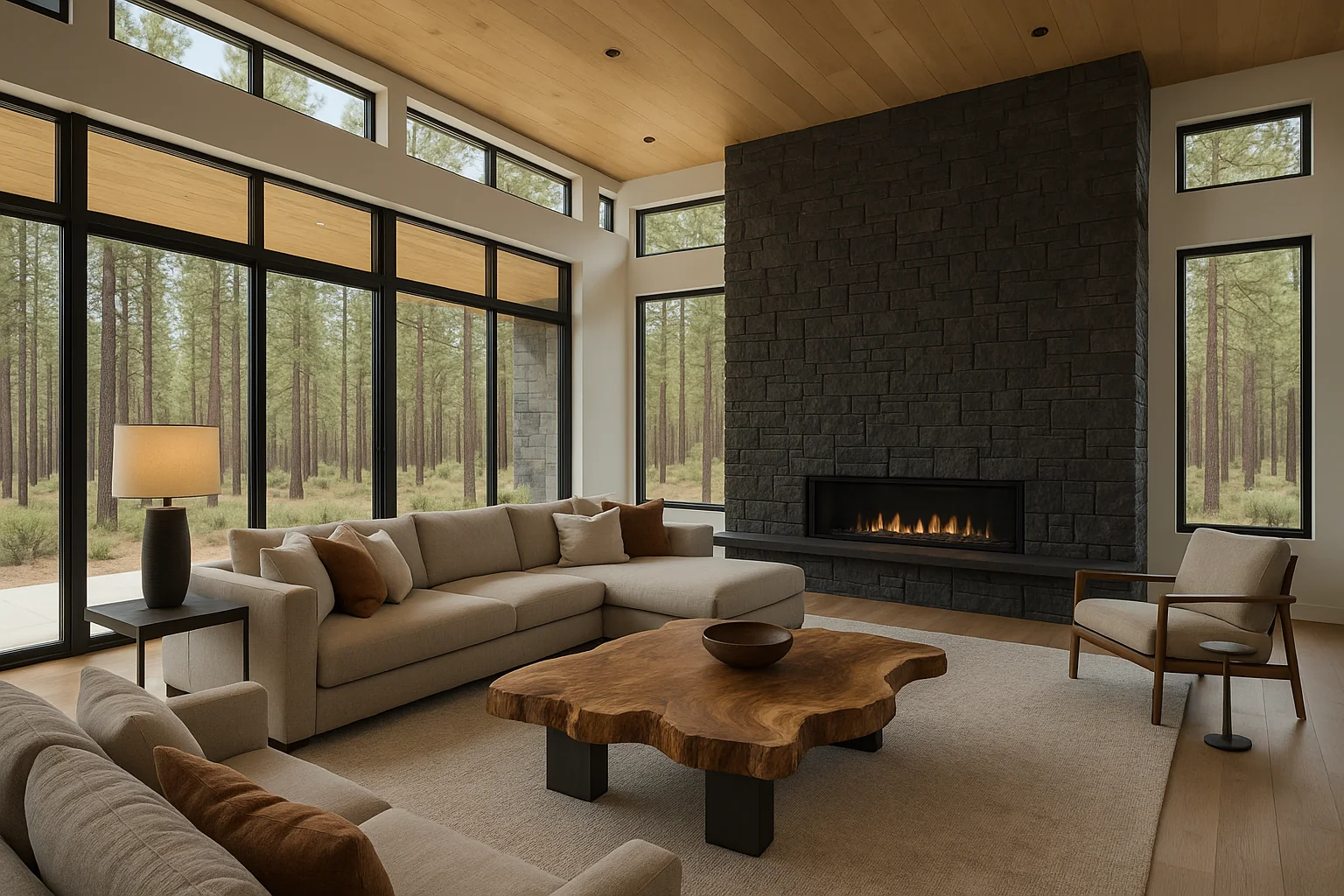 Luxury great room with floor-to-ceiling windows and mountain views