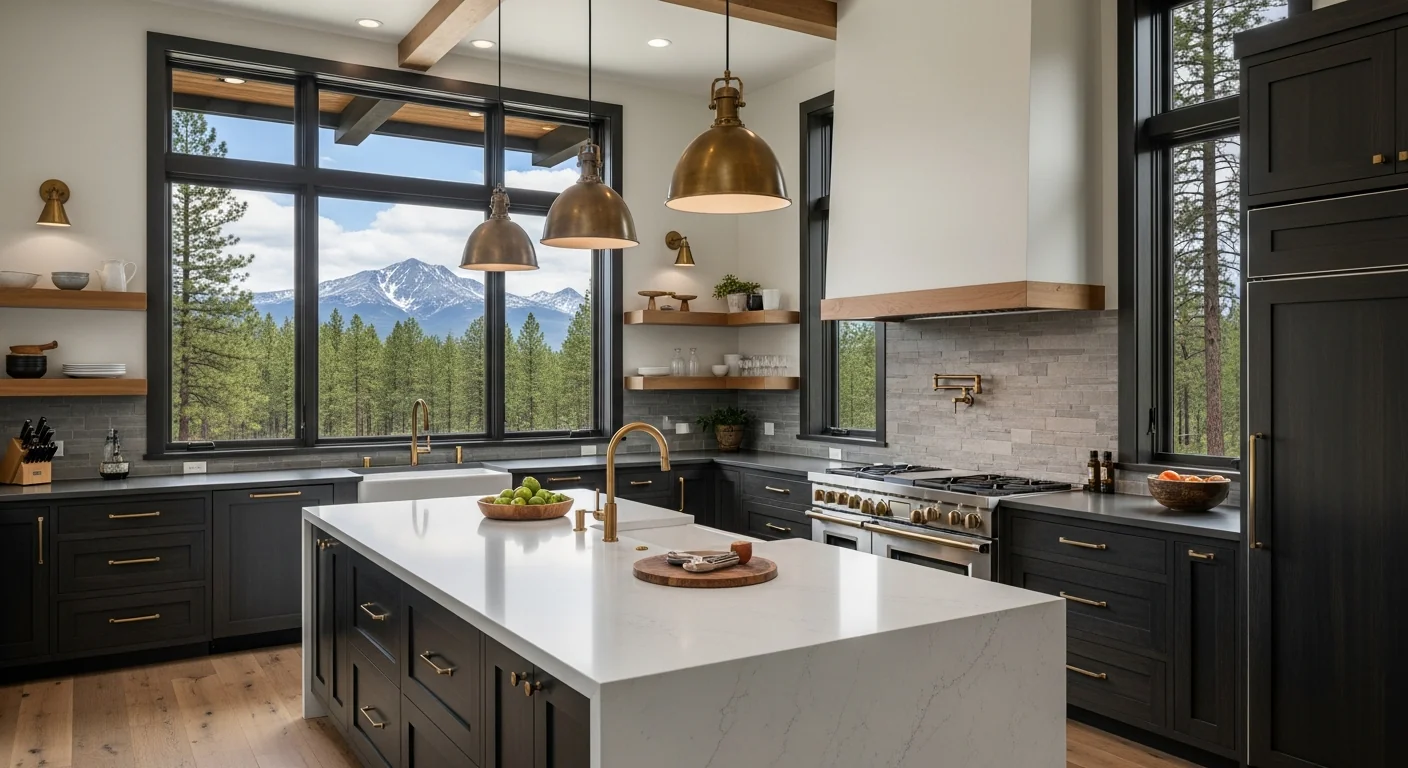 Gourmet custom kitchen with Cascade mountain views in Central Oregon home