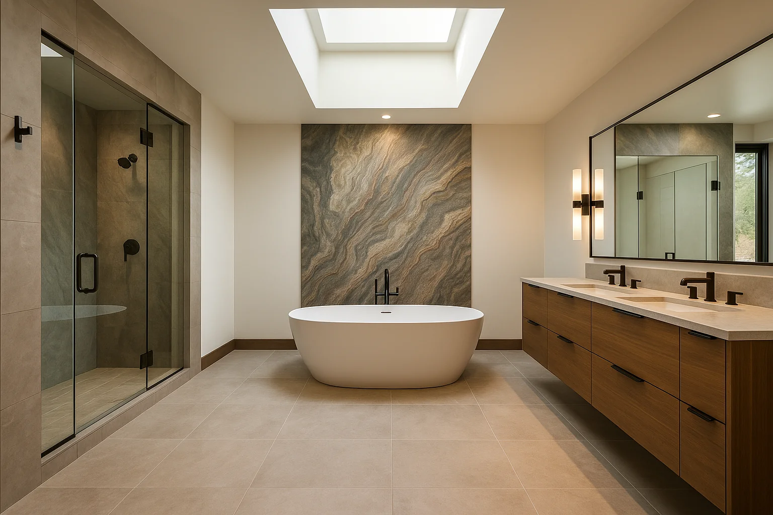 High-end bathroom with custom vanity and heated floors